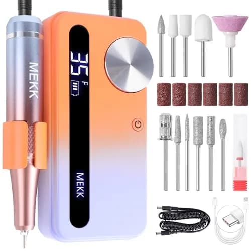 MEKK Cordless Electric Nail Drill 35000RPM with LCD Display & 12 Bits | USA-Imported Professional E-File for Nails — A-orange