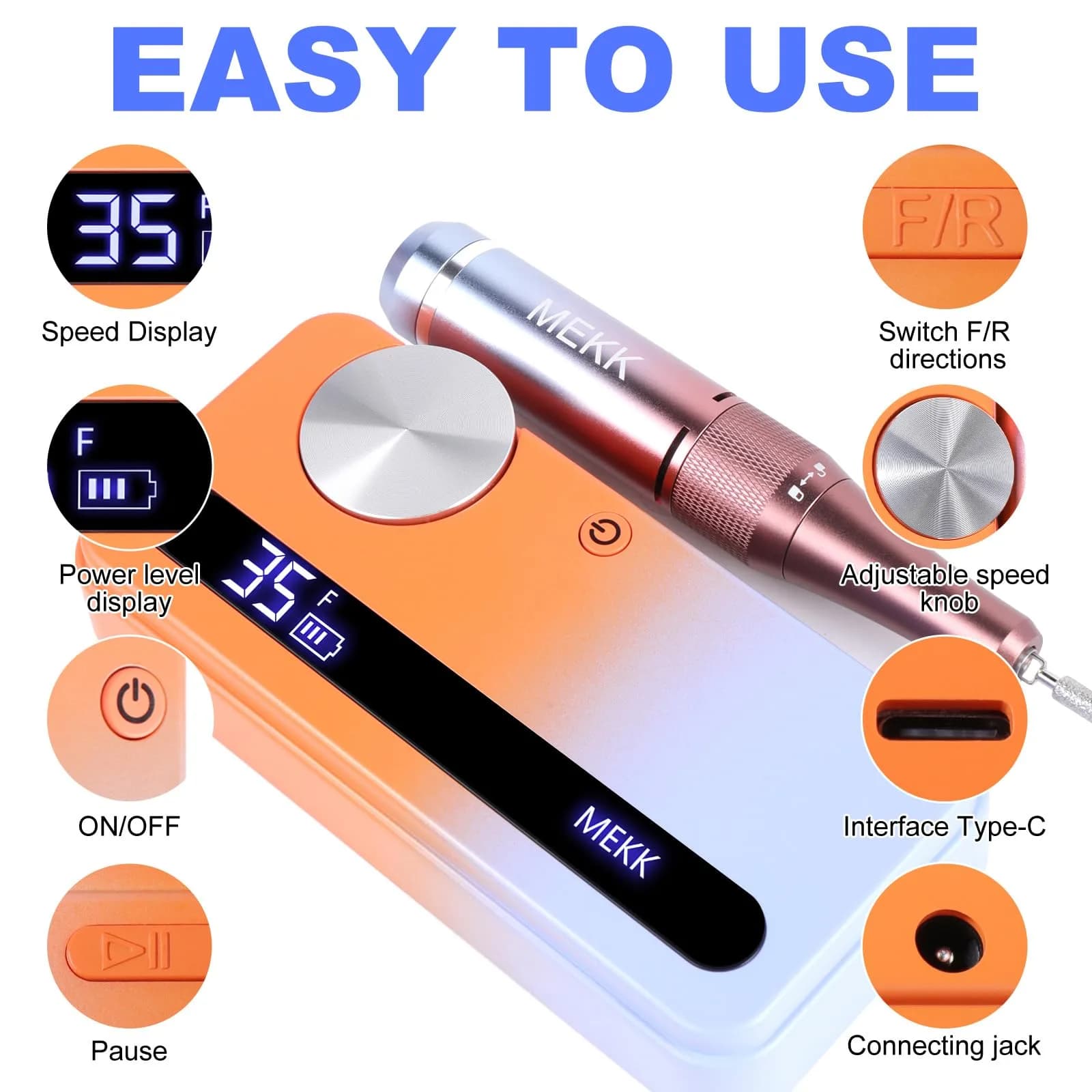 MEKK Cordless Nail Drill Kit 35000RPM in Vibrant Orange with LCD Display & 12 Bits | Professional Electric Nail File for Home & Salon - view 4