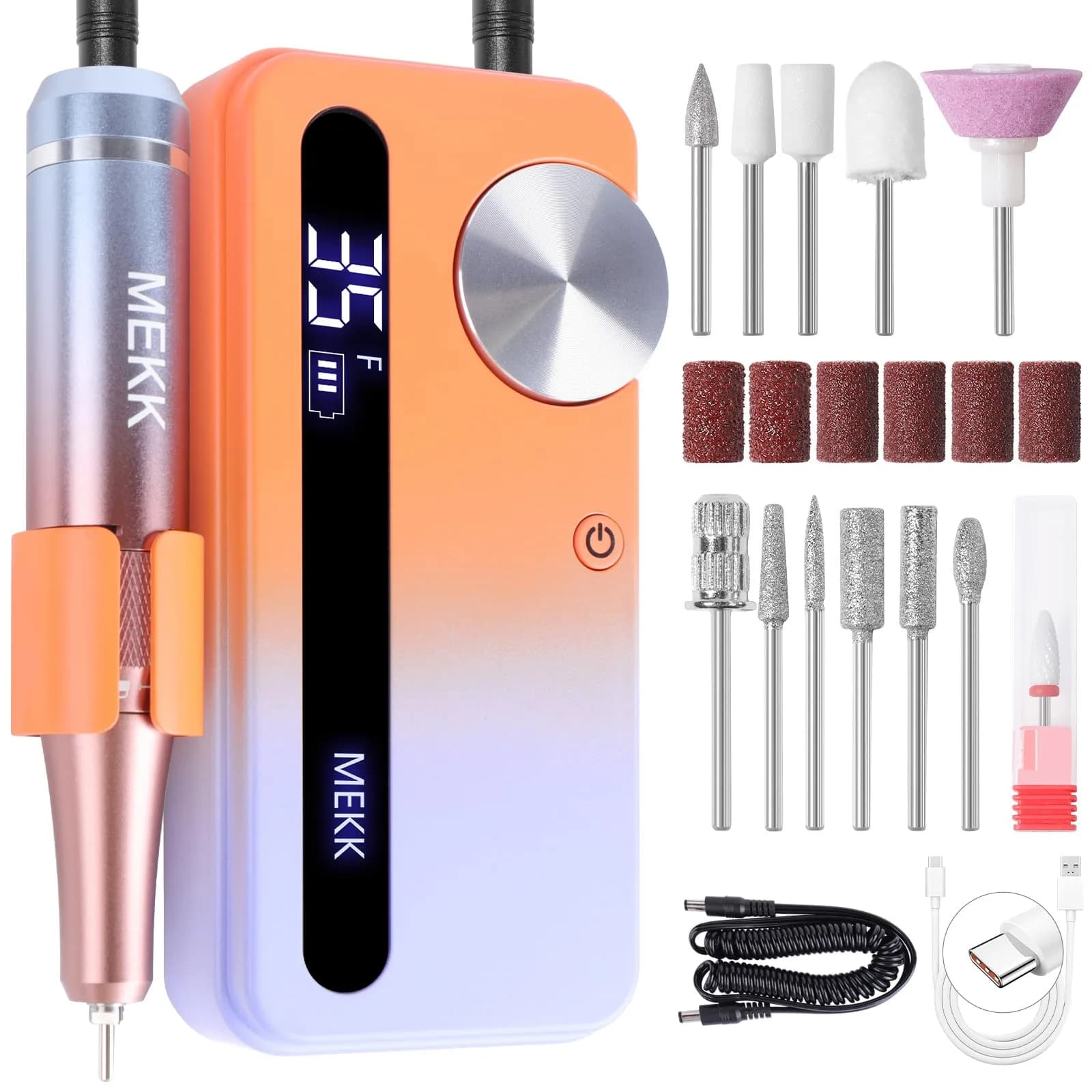 MEKK Cordless Nail Drill Kit 35000RPM in Vibrant Orange with LCD Display & 12 Bits | Professional Electric Nail File for Home & Salon - main product image