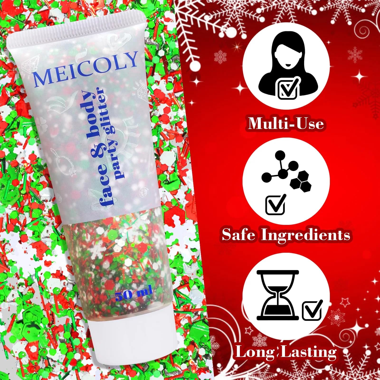 MEICOLY Red White Green Glitter Gel for Face & Body | 50ml (1.76 Fl Oz) - view 6