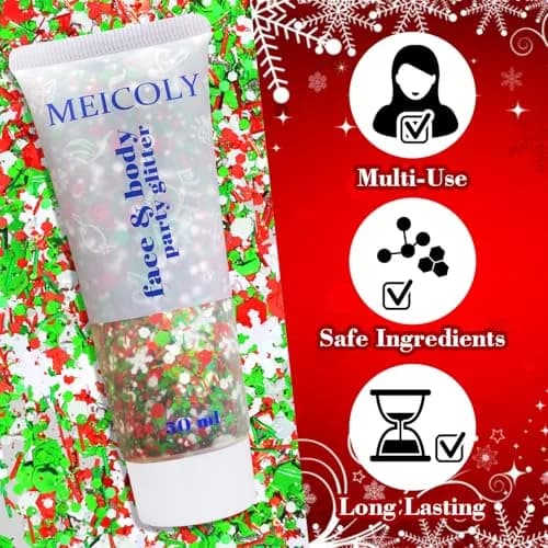 MEICOLY Red White Green Glitter Gel for Face & Body | 50ml (1.76 Fl Oz) thumbnail 6