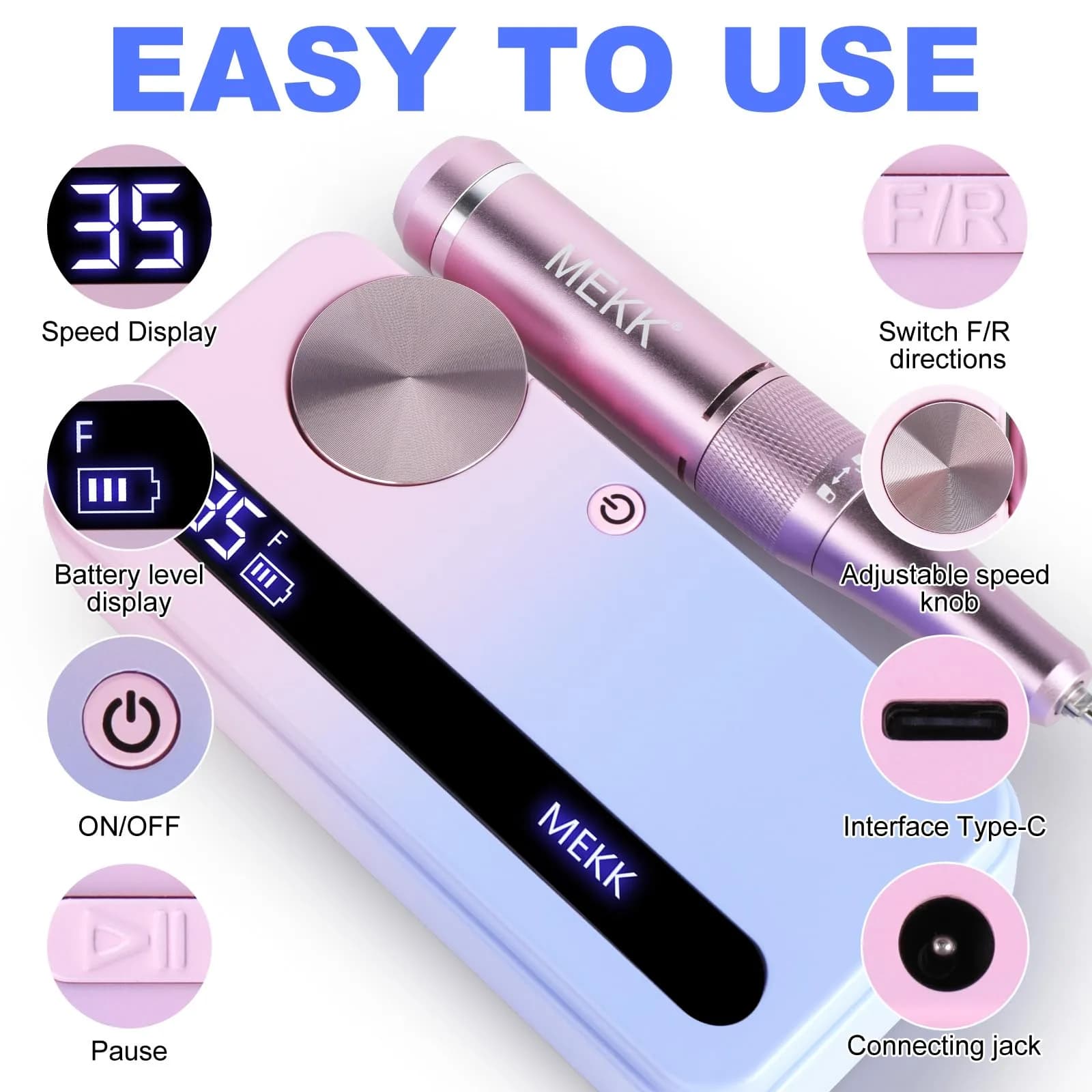 MEKK Professional Nail Drill 35000RPM with LCD Display & 12 Bits | Cordless E-File for Acrylic Gel Nails - view 5