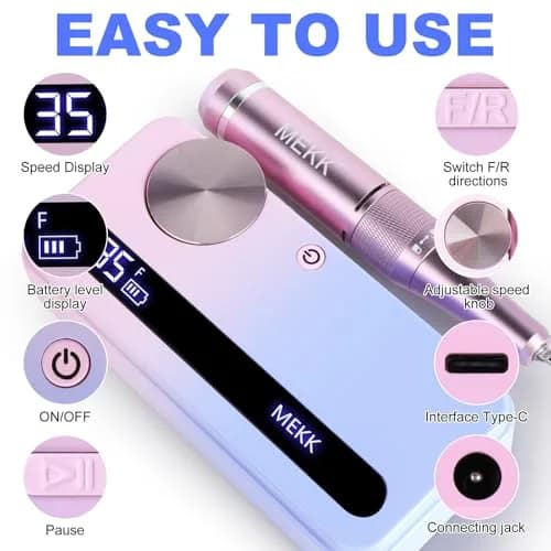 MEKK Professional Nail Drill 35000RPM with LCD Display & 12 Bits | Cordless E-File for Acrylic Gel Nails thumbnail 5