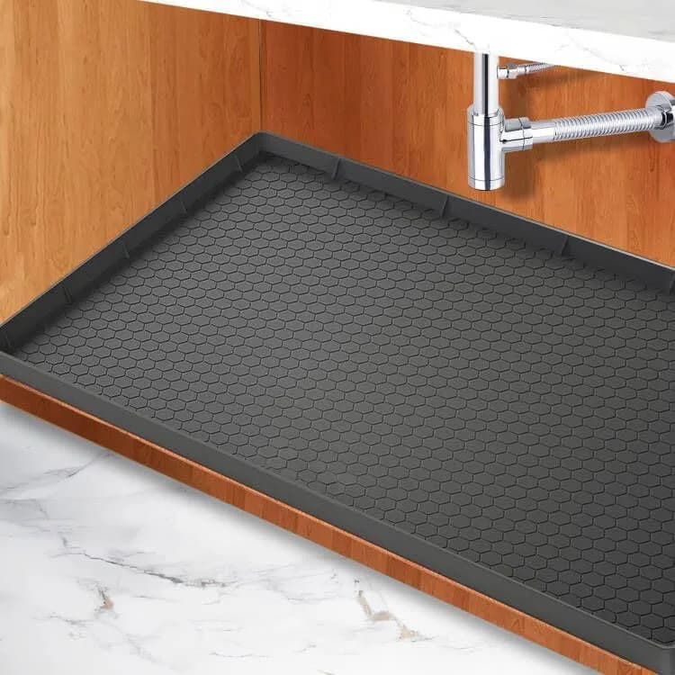 Sazteay Waterproof Silicone Under Sink Mat 31" x 22" | Protects Cabinets & Spills — Black / 19"W x 28"L