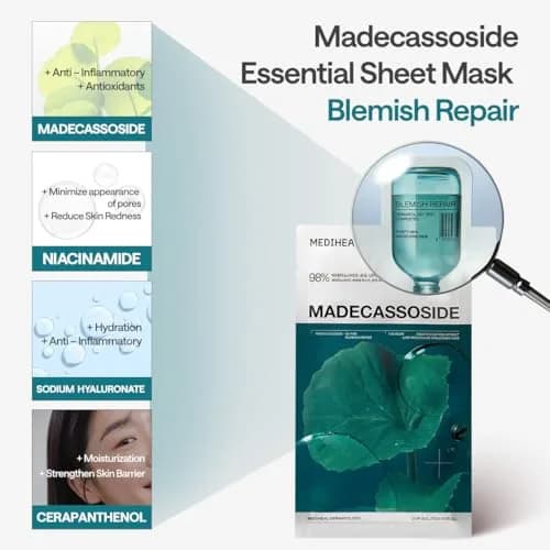 MEDIHEAL Madecassoside Essential Face Sheet Mask 24ml (0.811 Fl Oz) | Calms Redness & Evens Skin Tone thumbnail 7