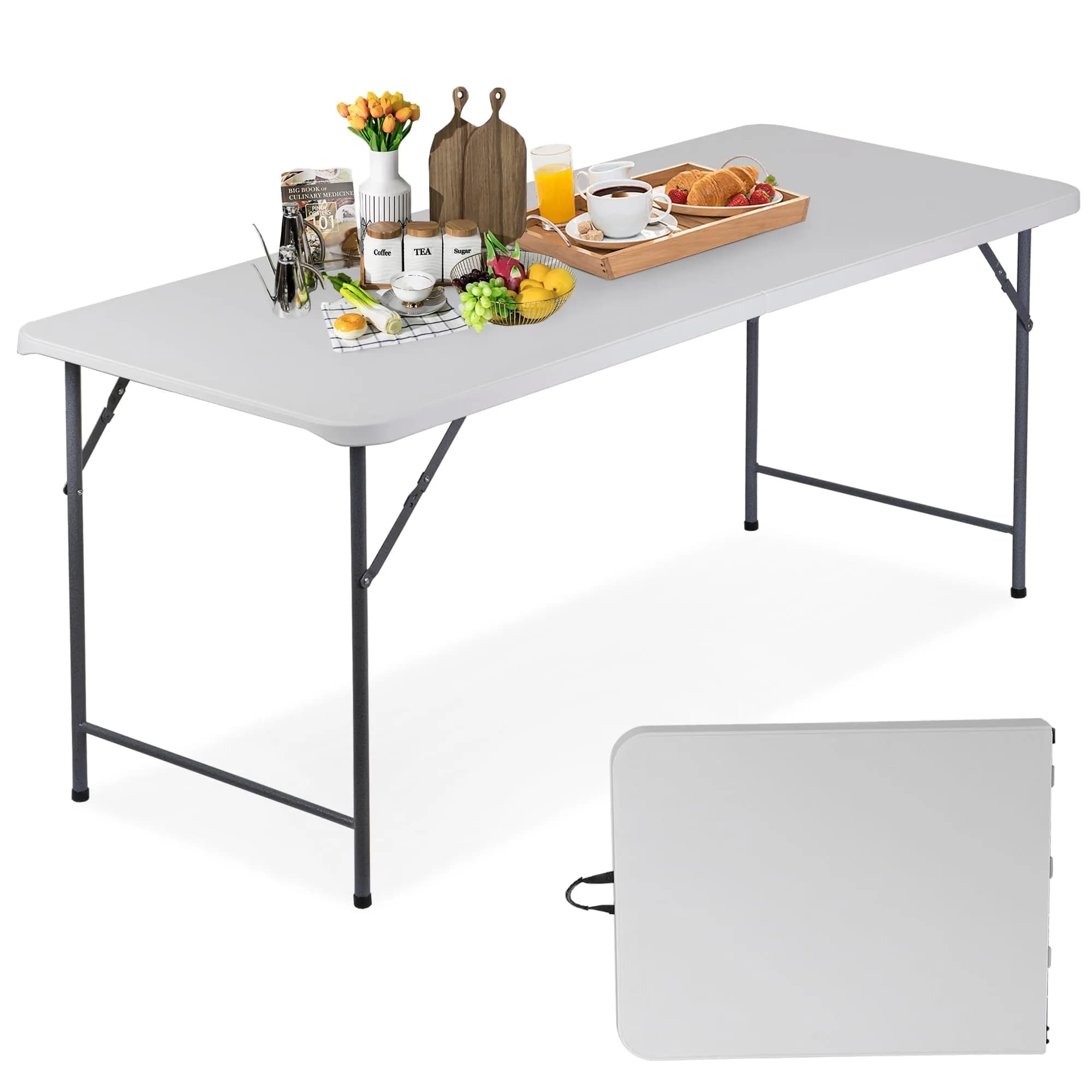 ZenStyle 6 ft Folding Table - 71"x27" Rectangular Portable Plastic Table for Indoor, Outdoor, Camping, Parties & Events | Lightweight Multi-Purpose Utility & Dining Table — Rectangular