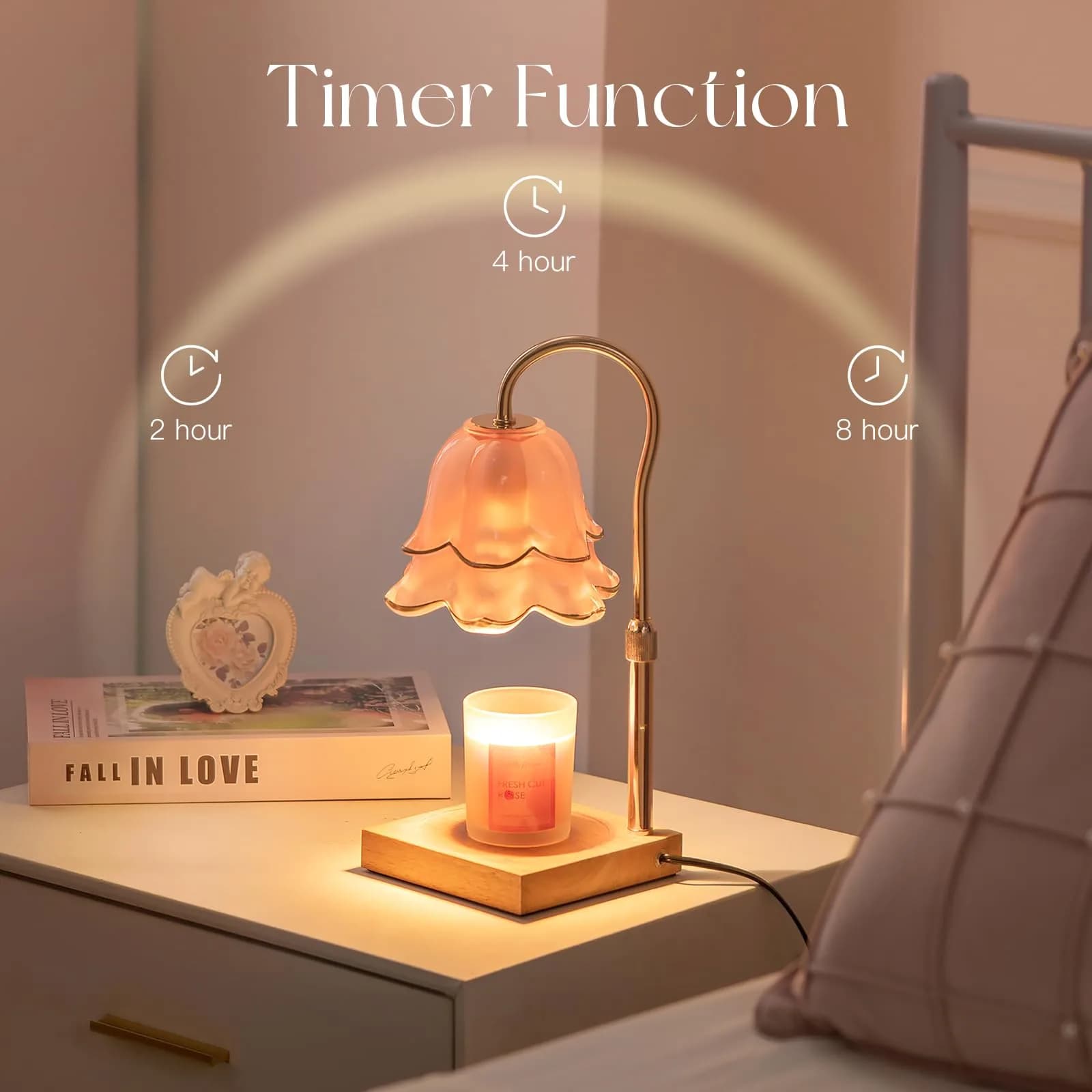 Candeldo Pink Floral Glass Candle Warmer Lamp Gift Set with Timer & Scented Candle | 38 cm (15 inches) Height Adjustable - view 6