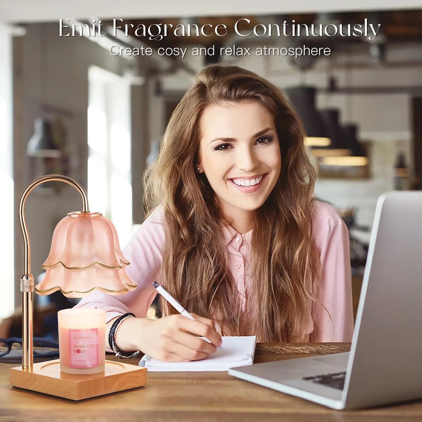 Candeldo Pink Floral Glass Candle Warmer Lamp Gift Set with Timer & Scented Candle | 38 cm (15 inches) Height Adjustable - view 7