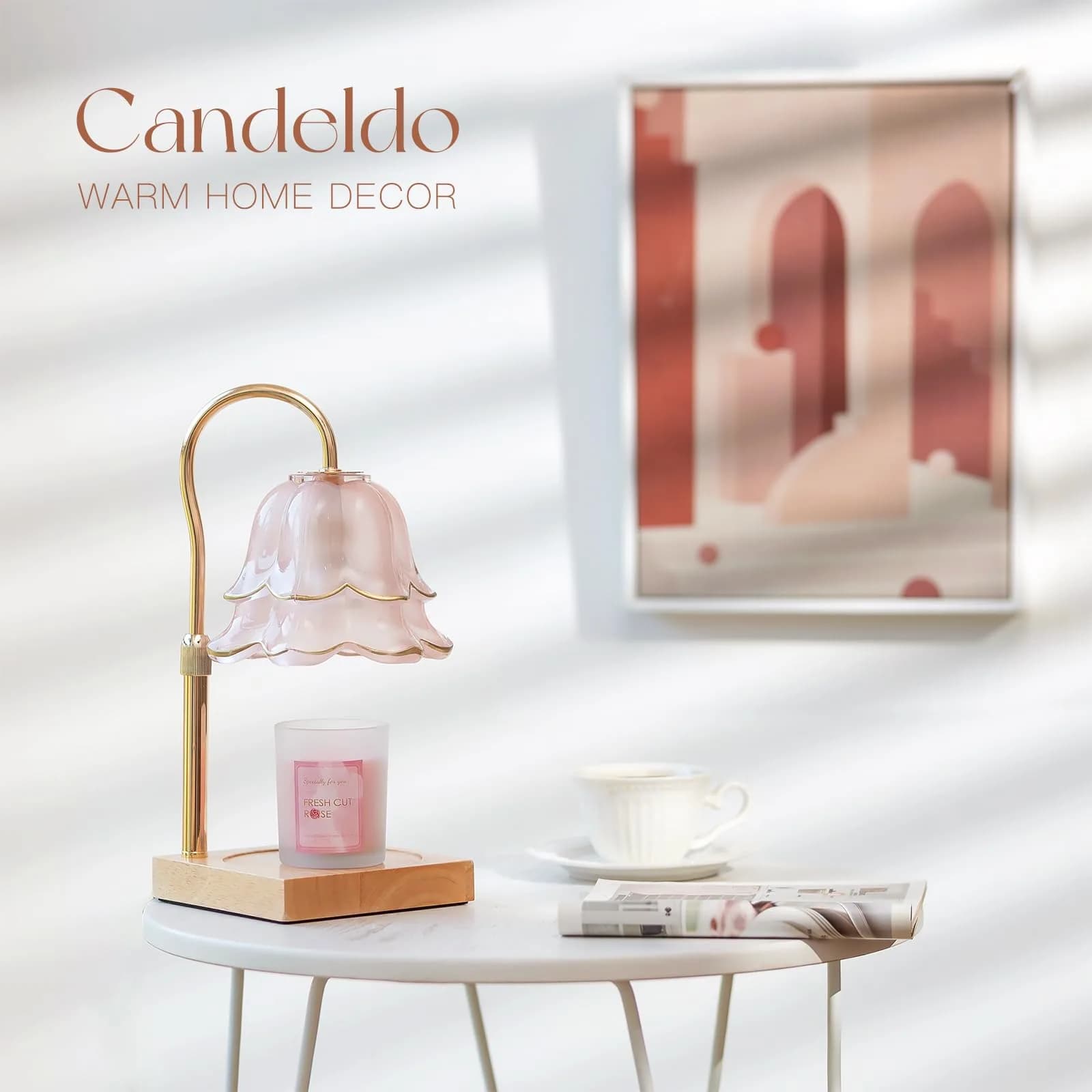 Candeldo Pink Floral Glass Candle Warmer Lamp Gift Set with Timer & Scented Candle | 38 cm (15 inches) Height Adjustable - view 4