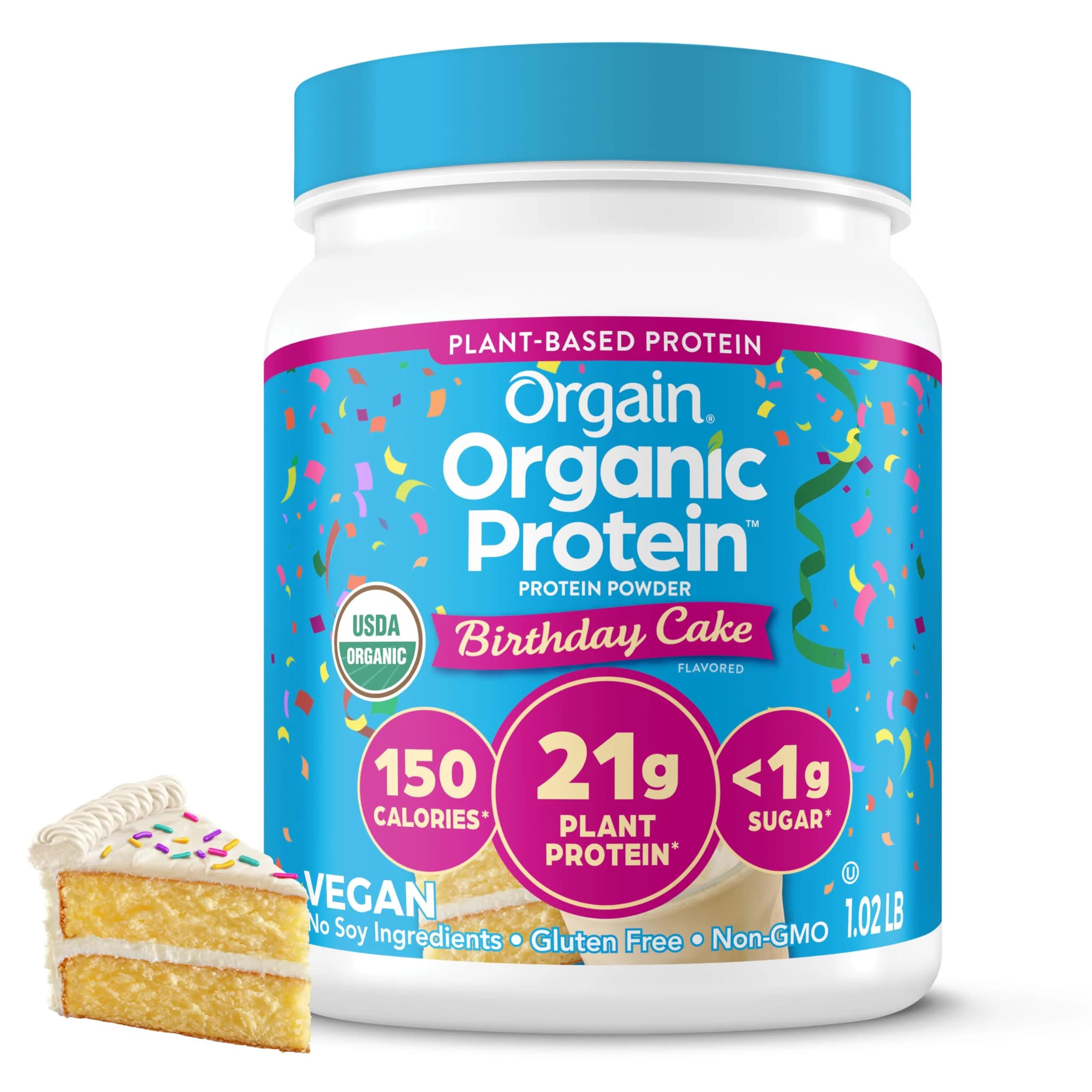 Orgain Organic Vegan Protein Powder Birthday Cake Flavor | 21g Plant Protein, 7g Fiber, Non-GMO - main product image