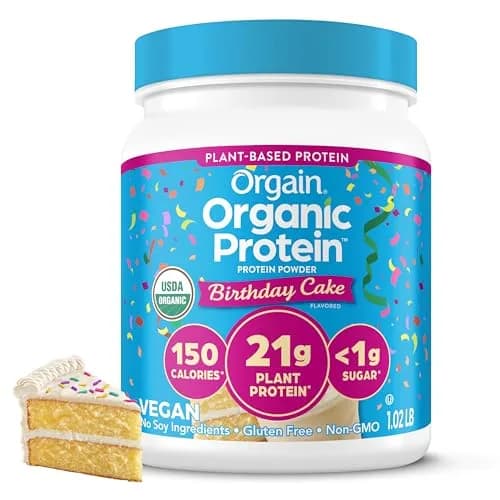 Orgain Organic Vegan 21g Protein Powder Birthday Cake 463g (1.02 lb) | Plant-Based Protein for Smoothies & Baking thumbnail 1
