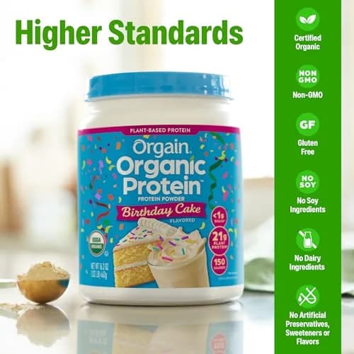 Orgain Organic Vegan 21g Protein Powder Birthday Cake 463g (1.02 lb) | Plant-Based Protein for Smoothies & Baking thumbnail 4