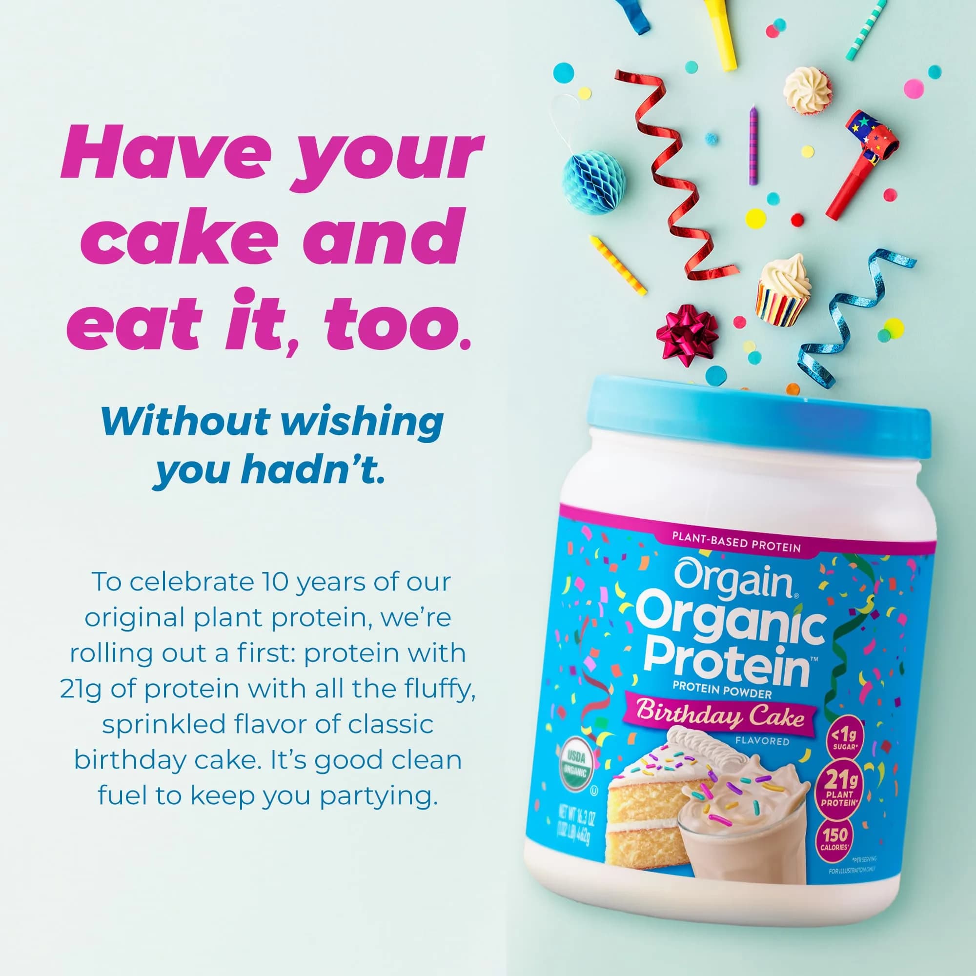 Orgain Organic Vegan 21g Protein Powder Birthday Cake 463g (1.02 lb) | Plant-Based Protein for Smoothies & Baking - view 7