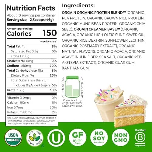 Orgain Organic Vegan 21g Protein Powder Birthday Cake 463g (1.02 lb) | Plant-Based Protein for Smoothies & Baking thumbnail 2