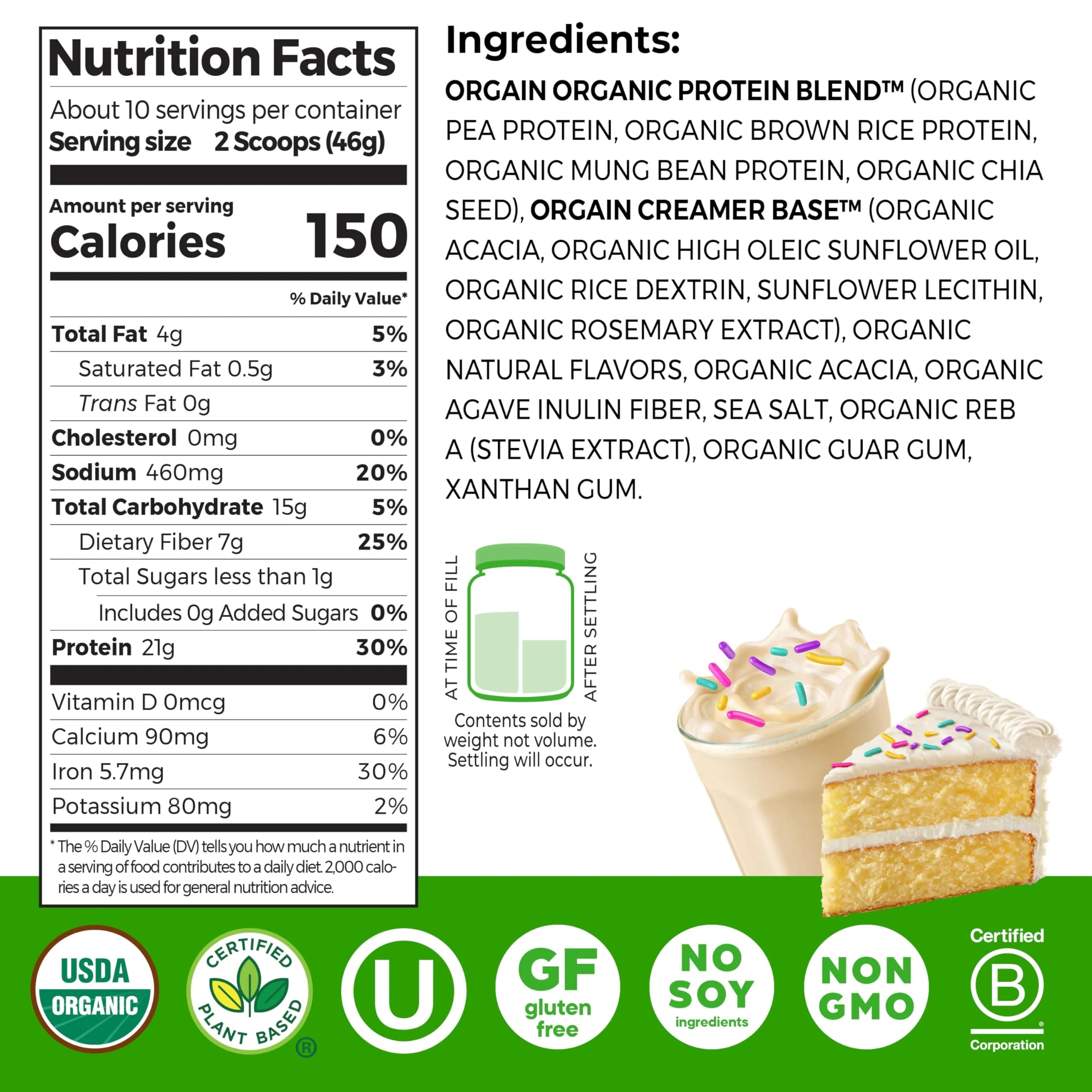 Orgain Organic Vegan 21g Protein Powder Birthday Cake 463g (1.02 lb) | Plant-Based Protein for Smoothies & Baking - view 2