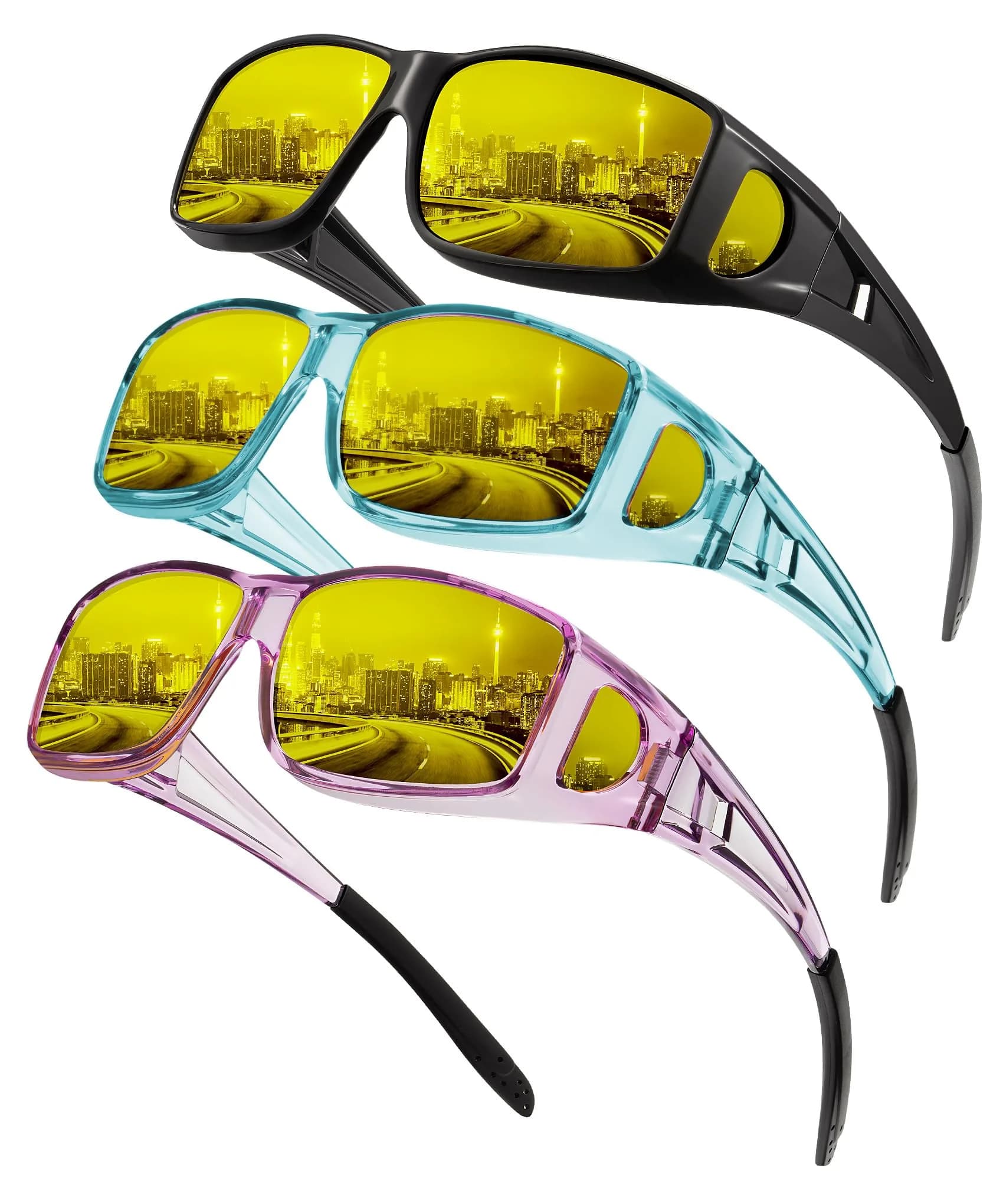 KALIYADI Night Vision Glasses Fit Over Glasses Wrap-Around HD Polarized for Driving (3-Pack, Medium) — Glossy Black/Night Vision + Transparent Purple/Night Vision + Transparent Blue/Night Vision