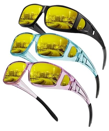 KALIYADI Night Vision Glasses Fit Over Glasses Wrap-Around HD Polarized for Driving (3-Pack, Medium) thumbnail 1