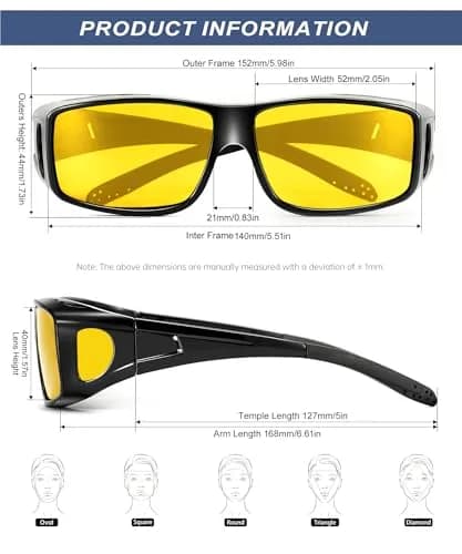 KALIYADI Night Vision Glasses Fit Over Glasses Wrap-Around HD Polarized for Driving (3-Pack, Medium) thumbnail 4