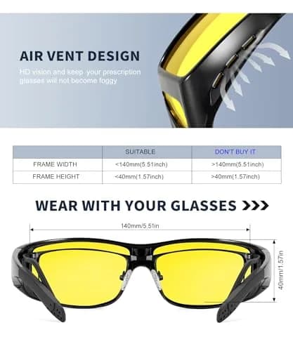 KALIYADI Night Vision Glasses Fit Over Glasses Wrap-Around HD Polarized for Driving (3-Pack, Medium) thumbnail 5