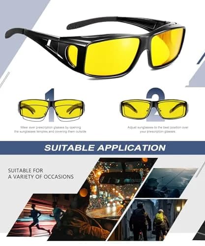 KALIYADI Night Vision Glasses Fit Over Glasses Wrap-Around HD Polarized for Driving (3-Pack, Medium) thumbnail 6