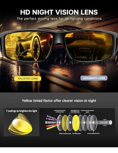KALIYADI Night Vision Glasses Fit Over Glasses Wrap-Around HD Polarized for Driving (3-Pack, Medium) thumbnail 7