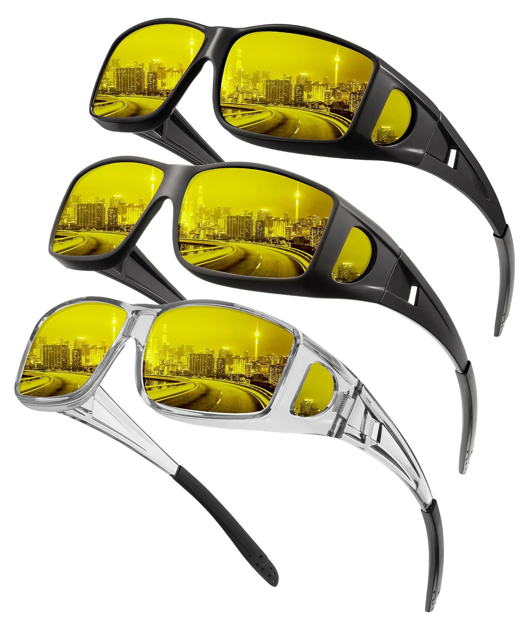 KALIYADI Night-Vision-Glasses Fit-Over-Glasses Wrap-Around for Night Driving | Anti Glare HD Polarized — Transparent Grey/Night Vision + Matte Black/Night Vision + Glossy Black/Night Vision