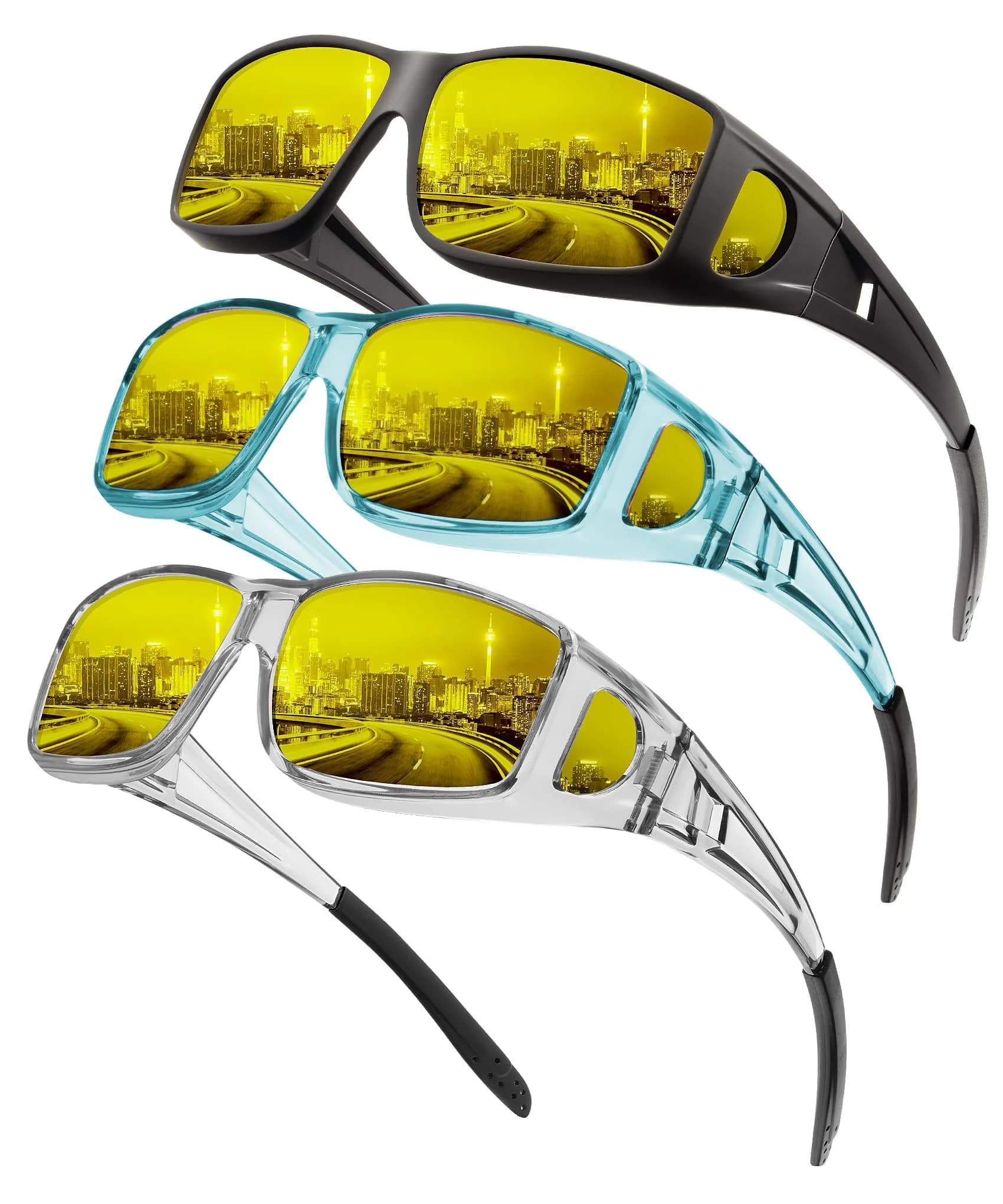 KALIYADI Night-Vision-Glasses Fit-Over-Glasses Wrap-Around for Night Driving | Anti Glare HD Polarized — Transparent Grey/Night Vision + Matte Black/Night Vision + Transparent Blue/Night Vision