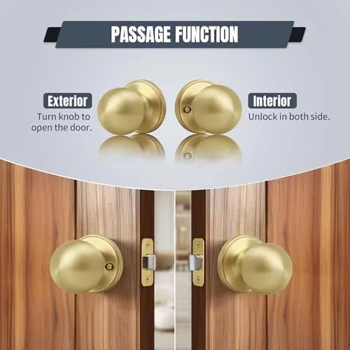 Moquin Passage Door Knob Without Lock or Key | Satin Brass, Round Ball, Interior Use thumbnail 4