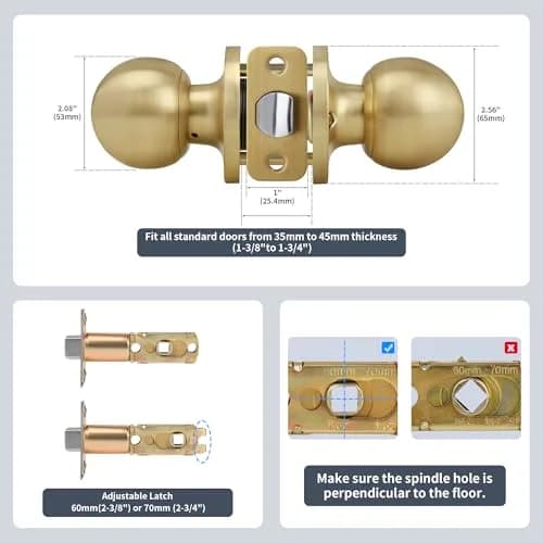 Moquin Passage Door Knob Without Lock or Key | Satin Brass, Round Ball, Interior Use thumbnail 7