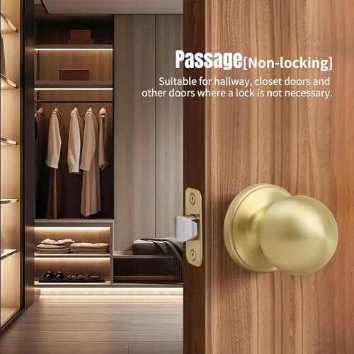 Moquin Passage Door Knob Without Lock or Key | Satin Brass, Round Ball, Interior Use thumbnail 3