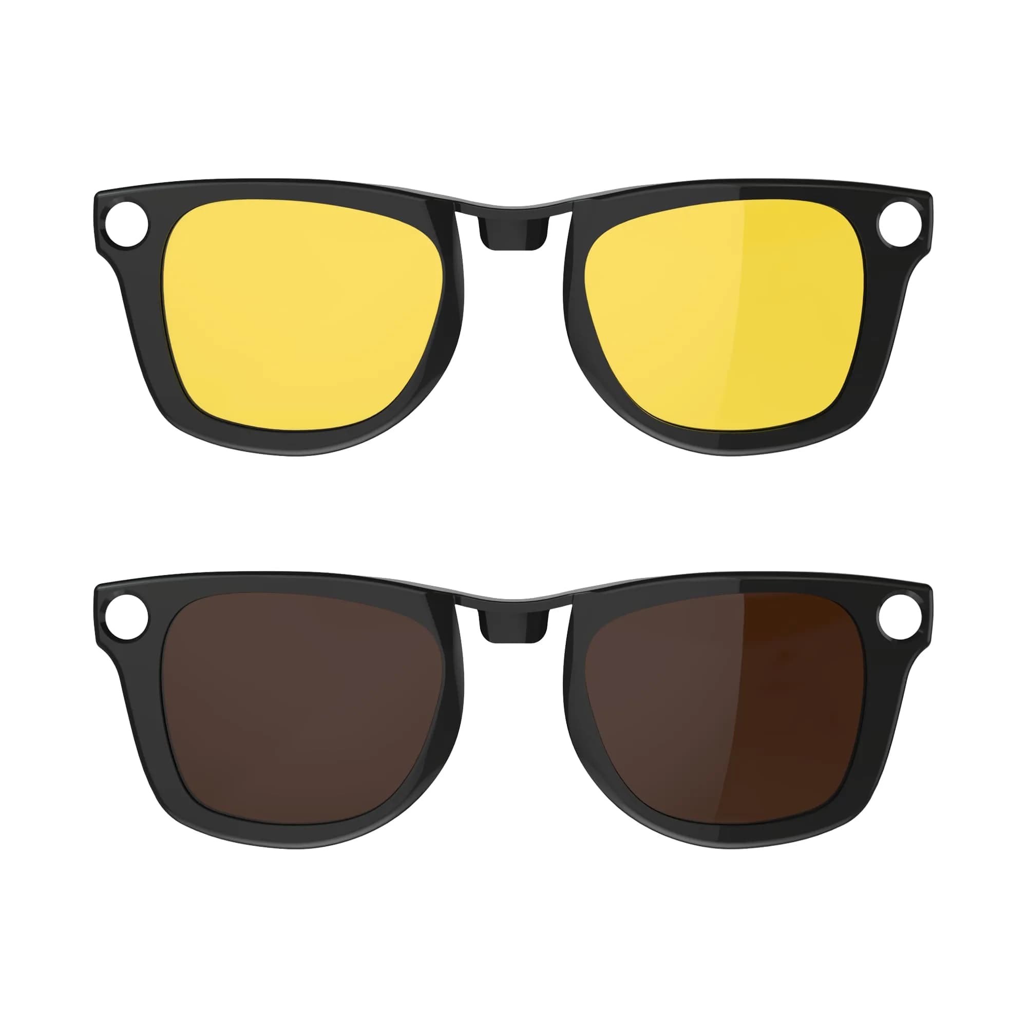 HIBLOKS Polarized Clip-on Sunglasses for Ray-Ban Meta Wayfarer RW4006/RW4012 (50-22) — Yellow+Brown Lenses, Shiny Black Frame, 2-Pack - main product image