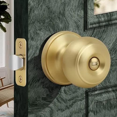 Moquin Privacy Door Knob with Lock, Keyless Interior Flat Ball Door Knob, Satin Brass (1 Pack) thumbnail 1
