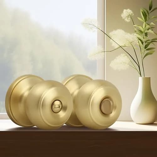 Moquin Privacy Door Knob with Lock, Keyless Interior Flat Ball Door Knob, Satin Brass (1 Pack) thumbnail 8