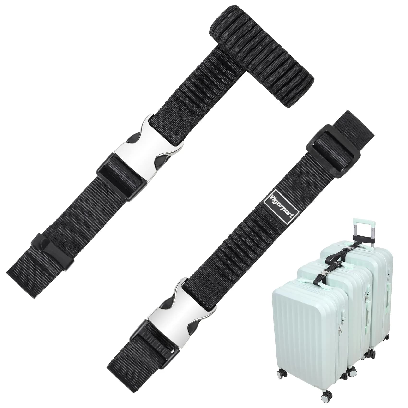 Vigorport Luggage Straps, Metal Buckle Connector Straps for Suitcases (2-Pack, Black) | Connect Multiple Bags Easily — Black