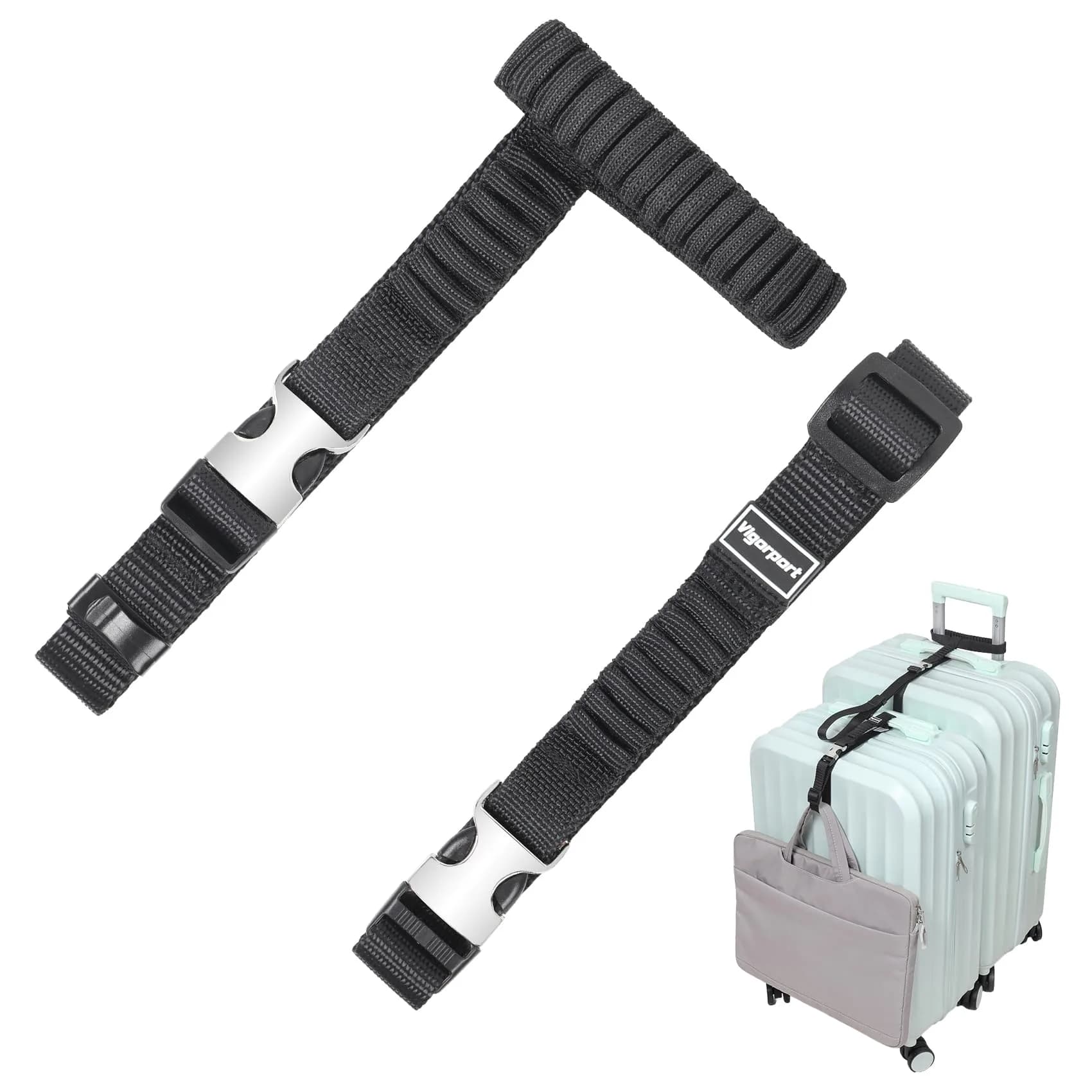 Vigorport Luggage Straps, Metal Buckle & Stretchy Nylon Connector Set (2-Pack, Black) | Securely Connect Luggage for Easier Travel