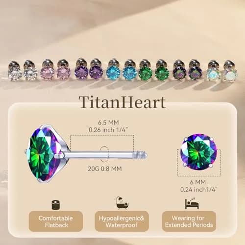 TitanHeart Hypoallergenic Titanium CZ Screw Back Studs Earrings for Women Men | 6mm Rainbow CZ, Anti-Allergy, Unisex thumbnail 6