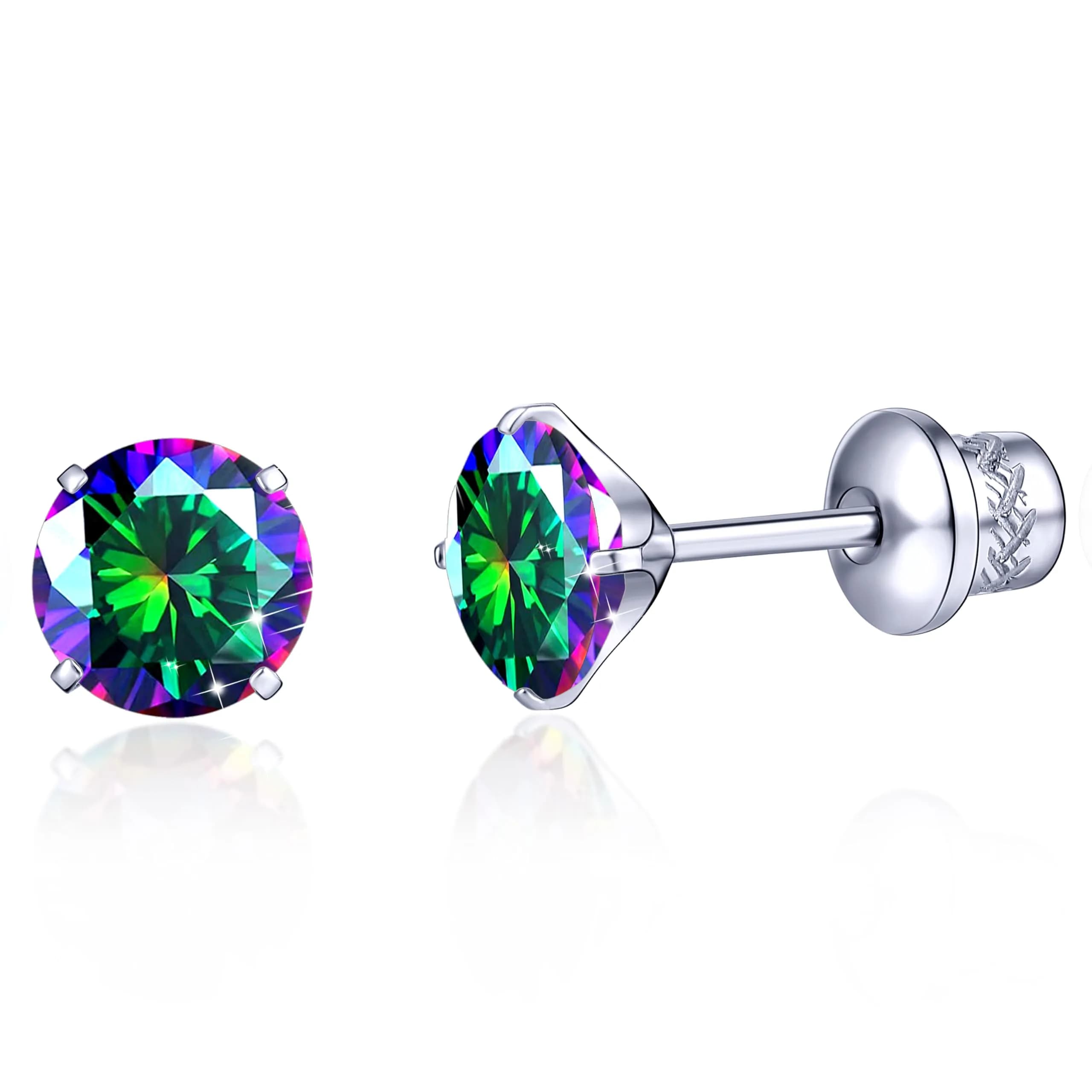 TitanHeart Hypoallergenic Titanium CZ Screw Back Studs Earrings for Women Men | 6mm Rainbow CZ, Anti-Allergy, Unisex