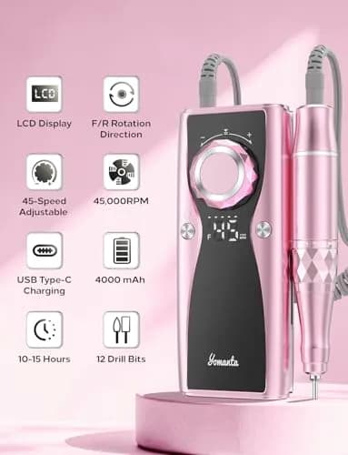 yomanta Professional Electric Nail Drill Kit 45,000 RPM USB Rechargeable Efile Nail File with 12 Bits | Salon & Home Manicure Tool thumbnail 3