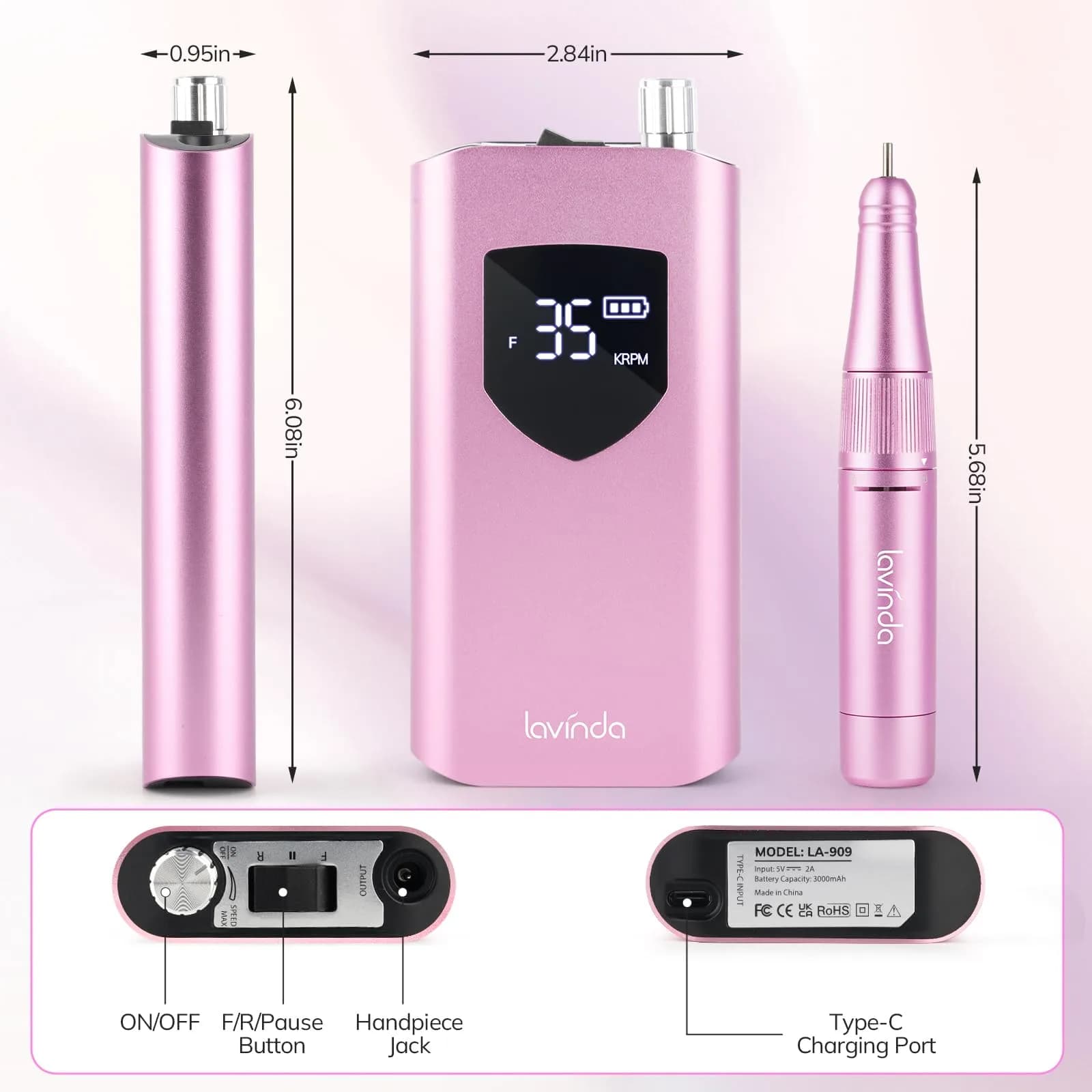 Lavinda Professional Nail Drill 35000 RPM Cordless Rechargeable Efile for Acrylic Gel Nails - Pink - view 6
