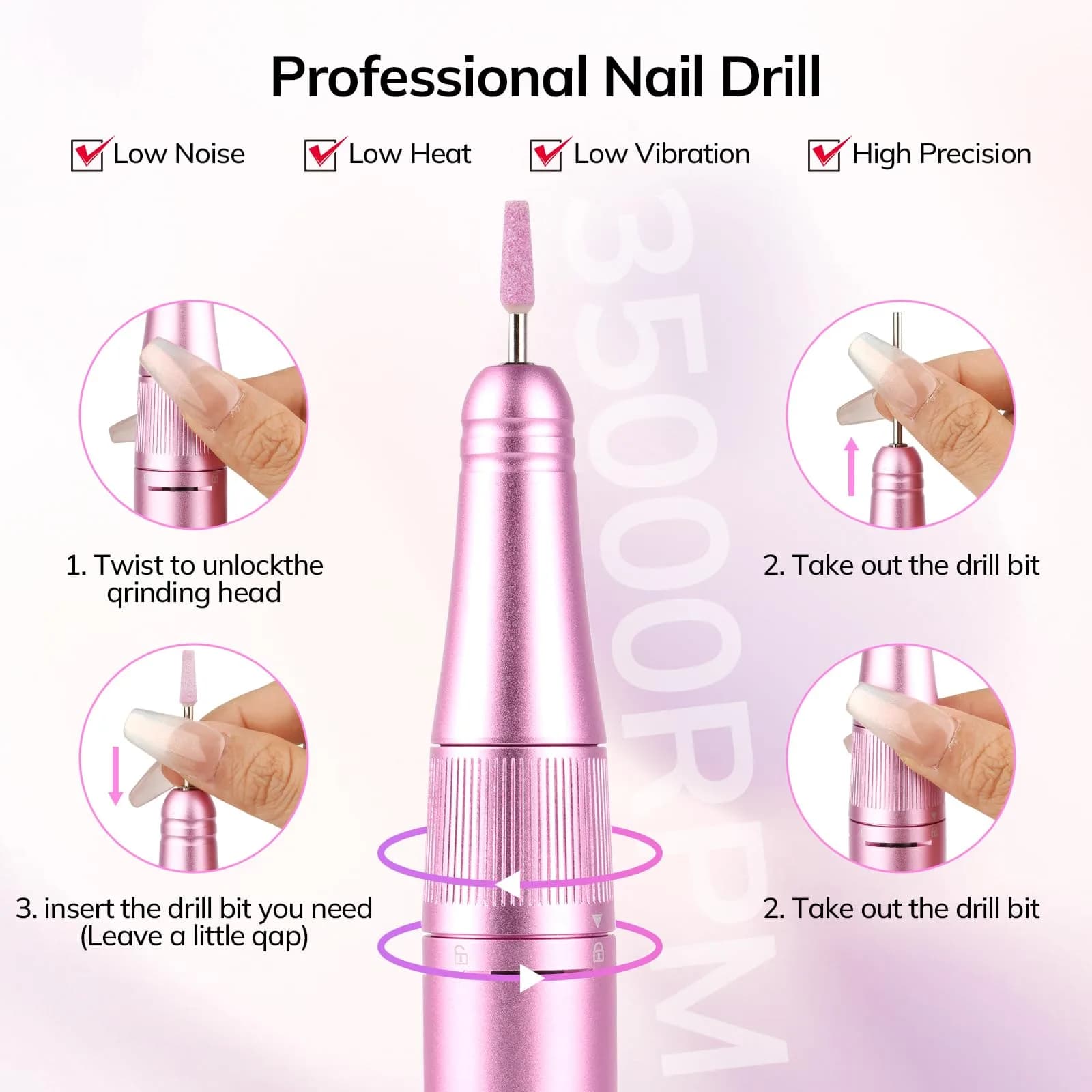 Lavinda Professional Nail Drill 35000 RPM Cordless Rechargeable Efile for Acrylic Gel Nails - Pink - view 7