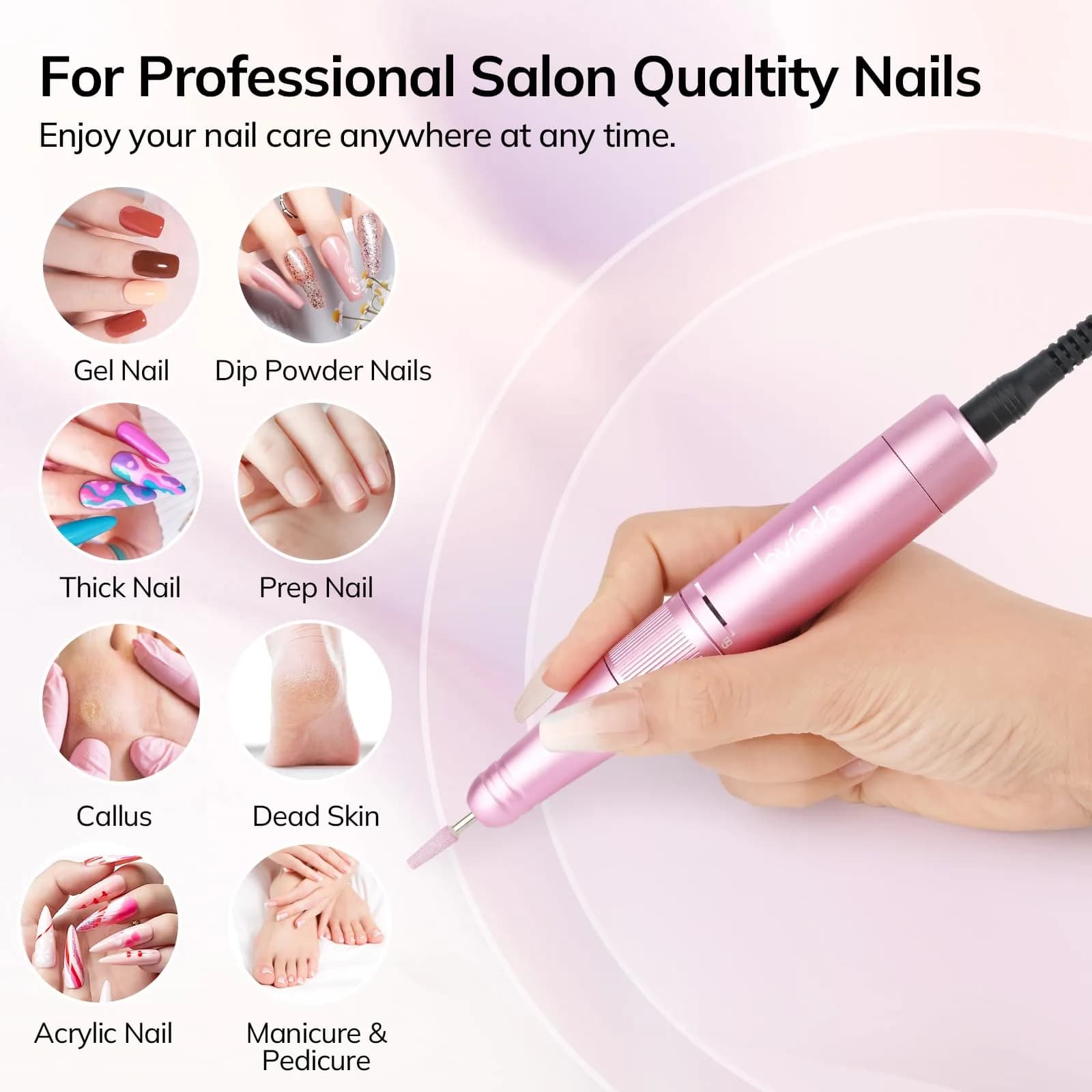 Lavinda Professional Nail Drill 35000 RPM Cordless Rechargeable Efile for Acrylic Gel Nails - Pink - view 2