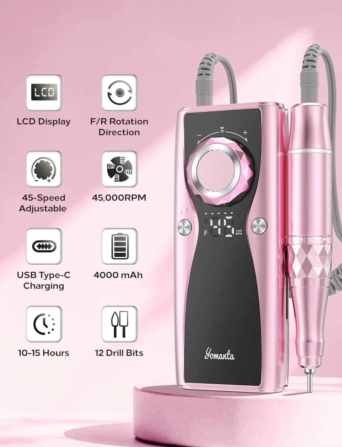 yomanta Light Purple Professional Electric Nail Drill Kit 45,000 RPM USB Rechargeable Efile Nail File - view 3