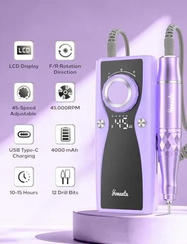 yomanta Professional Electric Nail Drill Kit 45000 RPM USB Rechargeable Efile Nail File with 12 Bits for Gel/Acrylic Nails | Salon/Home Portable Manicure Tool Set thumbnail 3