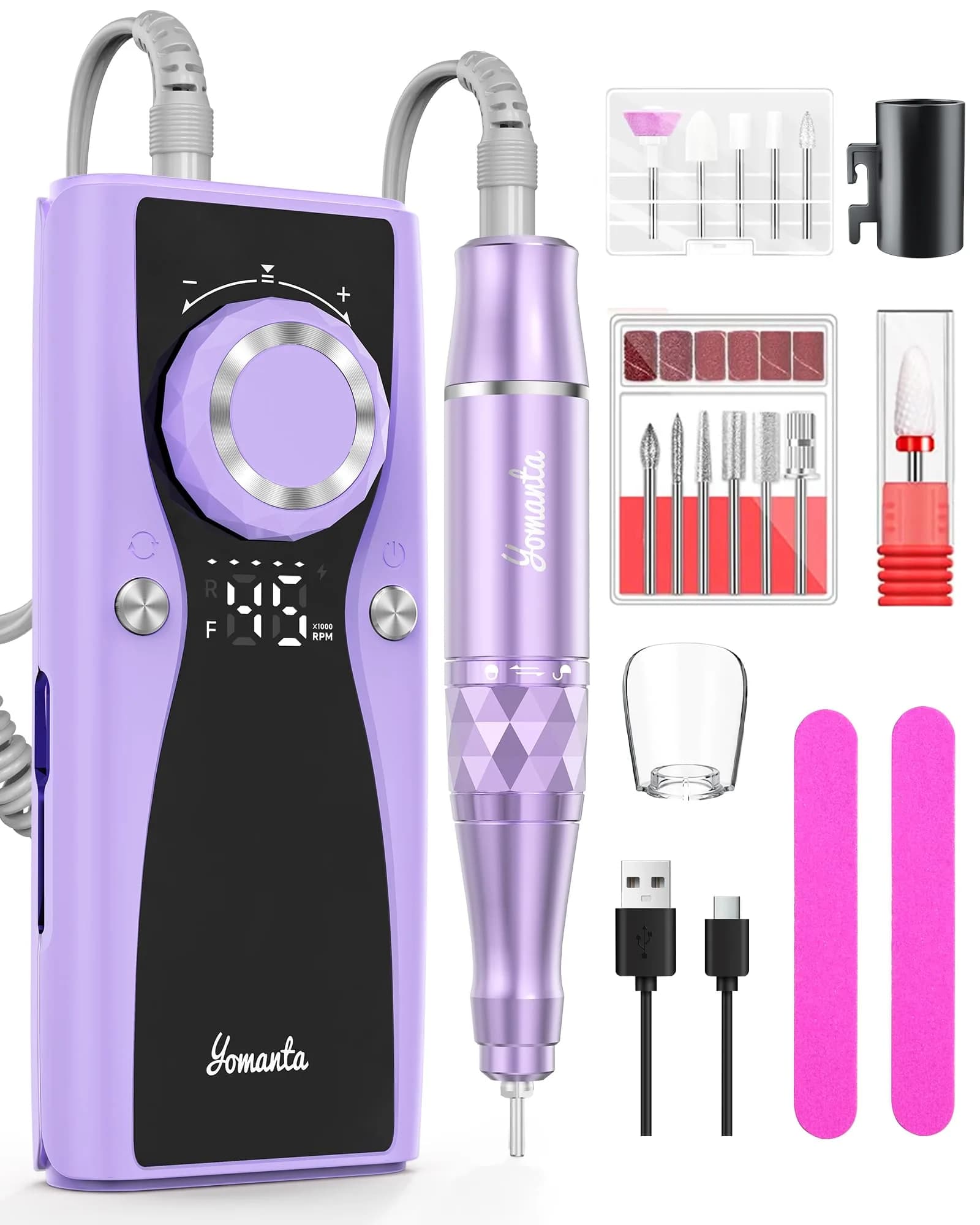 yomanta Professional Electric Nail Drill Kit 45,000 RPM USB Rechargeable Efile Nail File with 12 Bits | Salon & Home Manicure Tool — Light Purple