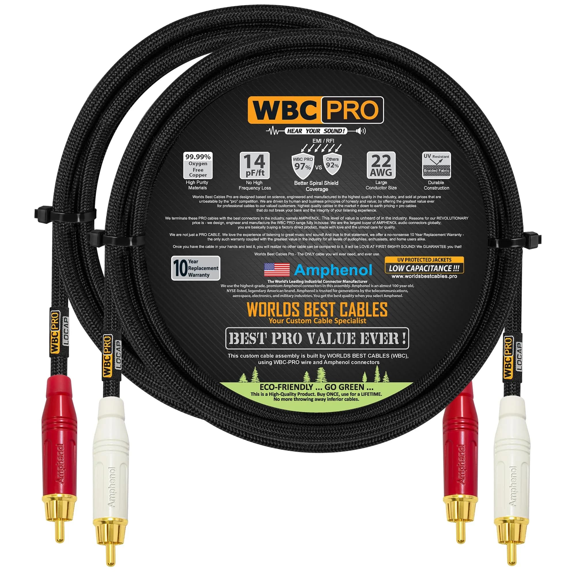 WORLDS BEST CABLES 2.5 Foot RCA Audio Cable Pair Low-Capacitance 14pF/ft | Audiophile & Pro-Grade — Black