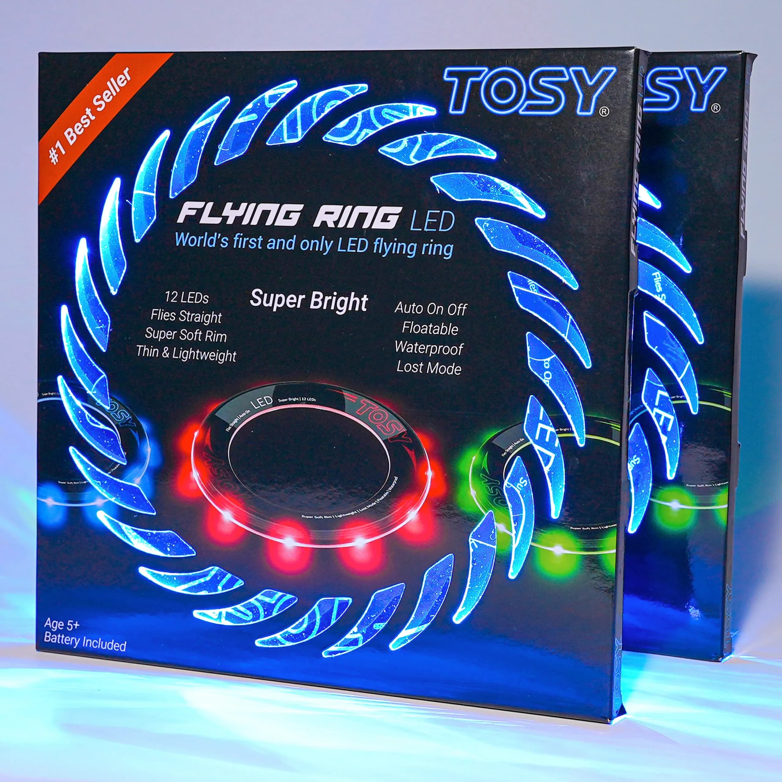 TOSY Flying Ring - 12 LEDs Waterproof & Soft | Auto Light Up for Kids & Teens — 2x Ring (Blue Led)