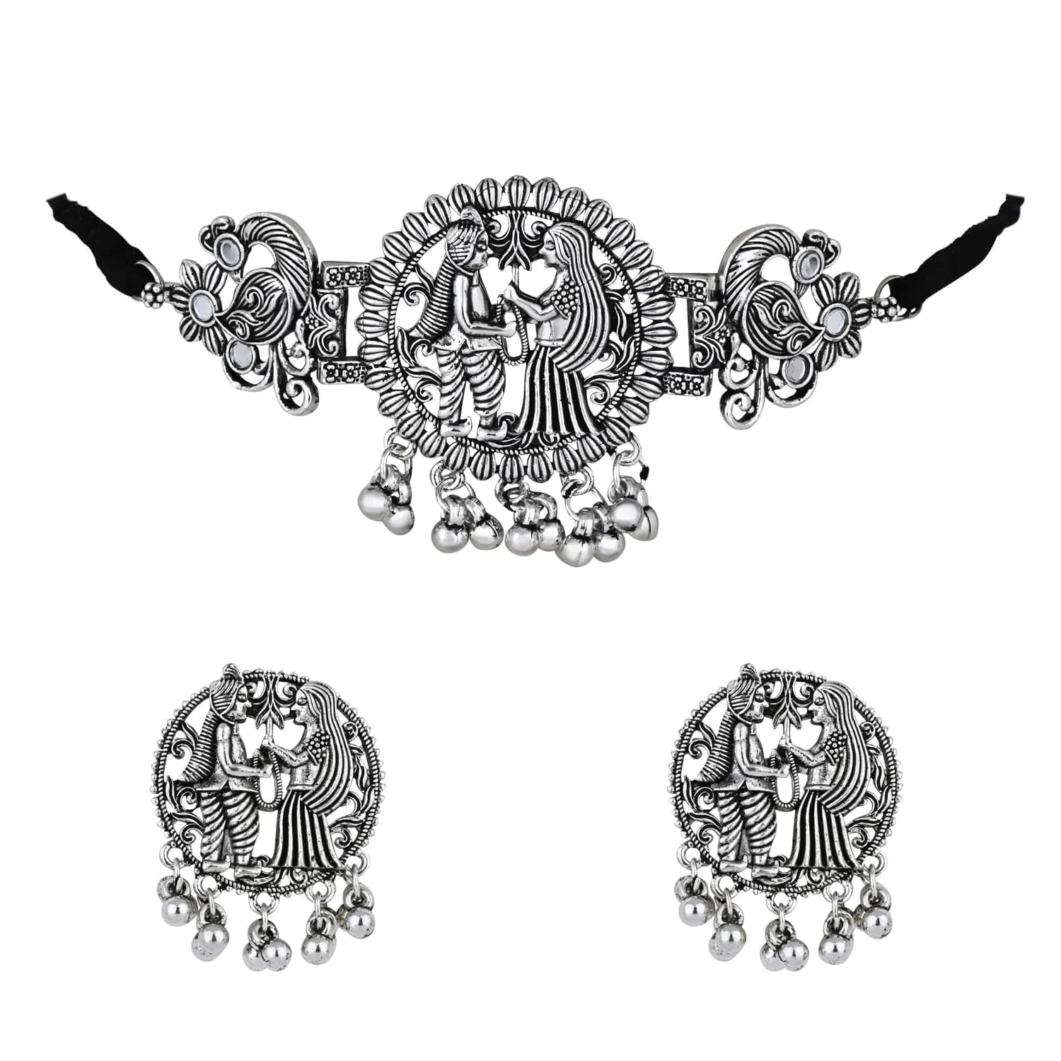 I Jewels Ethnic Silver Oxidized Ghungroo Necklace Jewellery Set With Earrings & Maang Tikka | Style 4 — Style 4