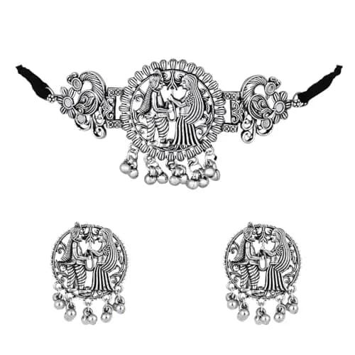 I Jewels Ethnic Silver Oxidized Ghungroo Necklace Jewellery Set With Earrings & Maang Tikka | Style 4 thumbnail 1