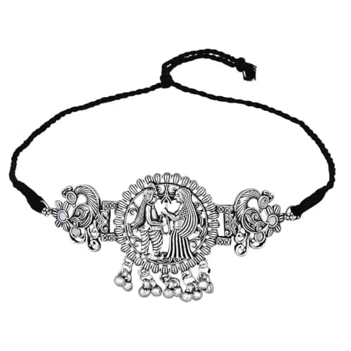 I Jewels Ethnic Silver Oxidized Ghungroo Necklace Jewellery Set With Earrings & Maang Tikka | Style 4 thumbnail 4