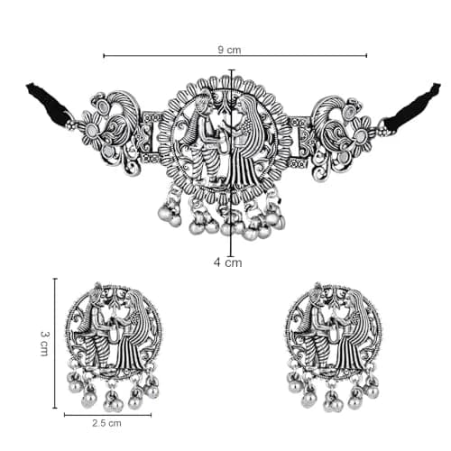 I Jewels Ethnic Silver Oxidized Ghungroo Necklace Jewellery Set With Earrings & Maang Tikka | Style 4 thumbnail 7